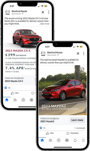 2 phone screens displaying Romford Mazda social media campaigns