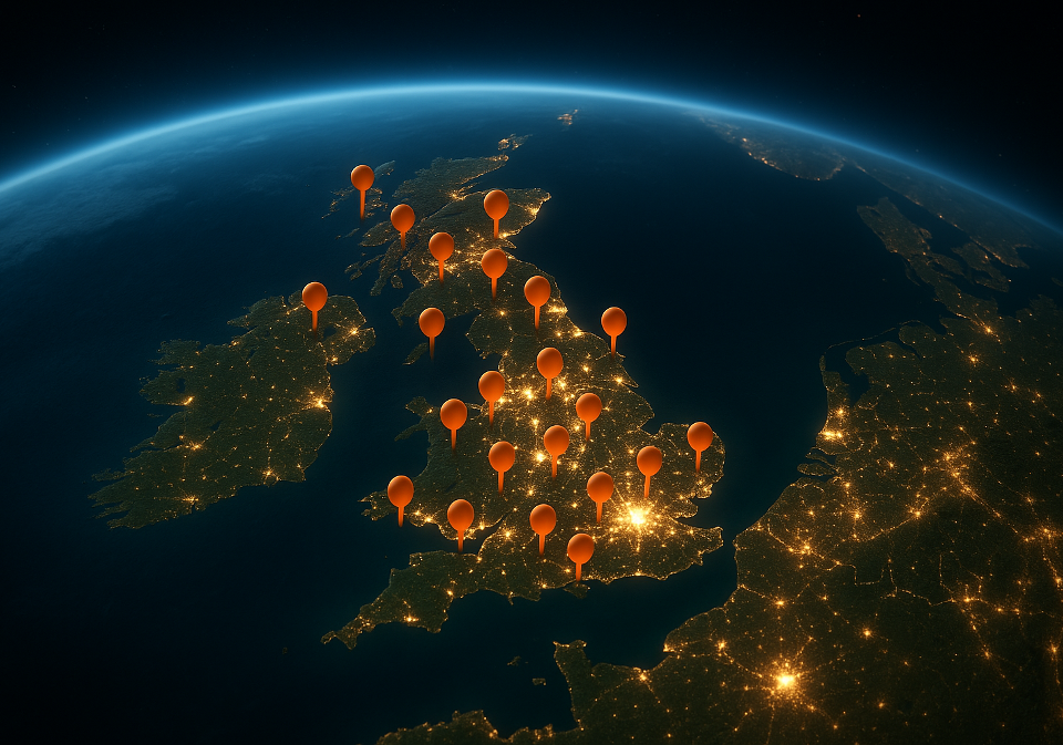 A view from space looking down on the United kingdom with orange headed map-pins inserted for all the major towns and cities
