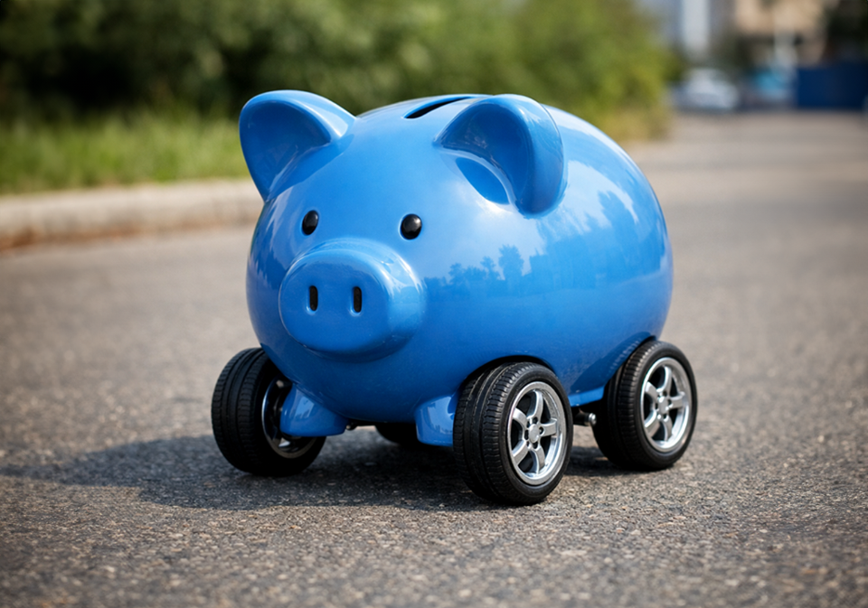 Blue Piggy Bank on Wheels