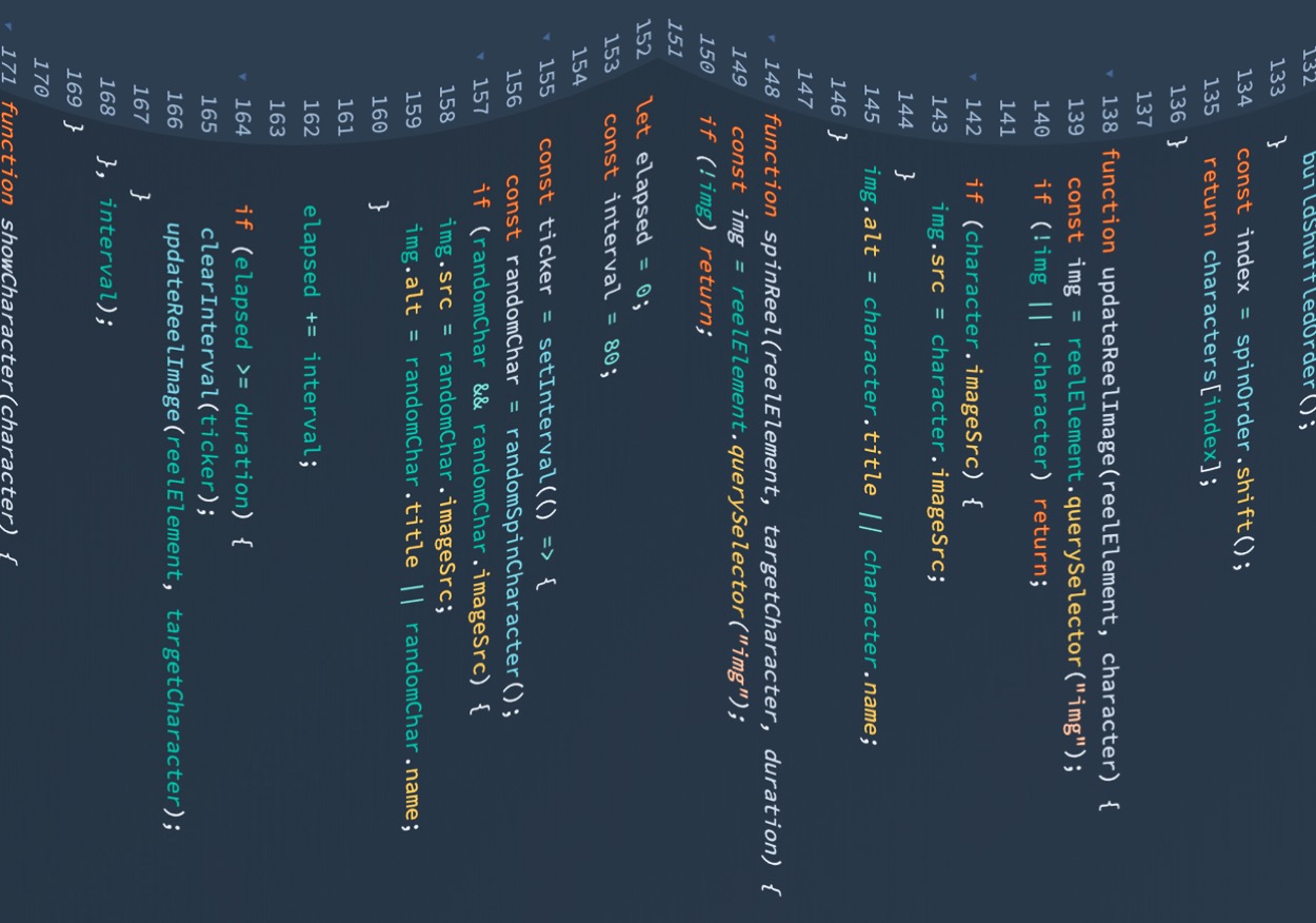 JavaScript code cascading from top to bottom to resemble Christmas decorations