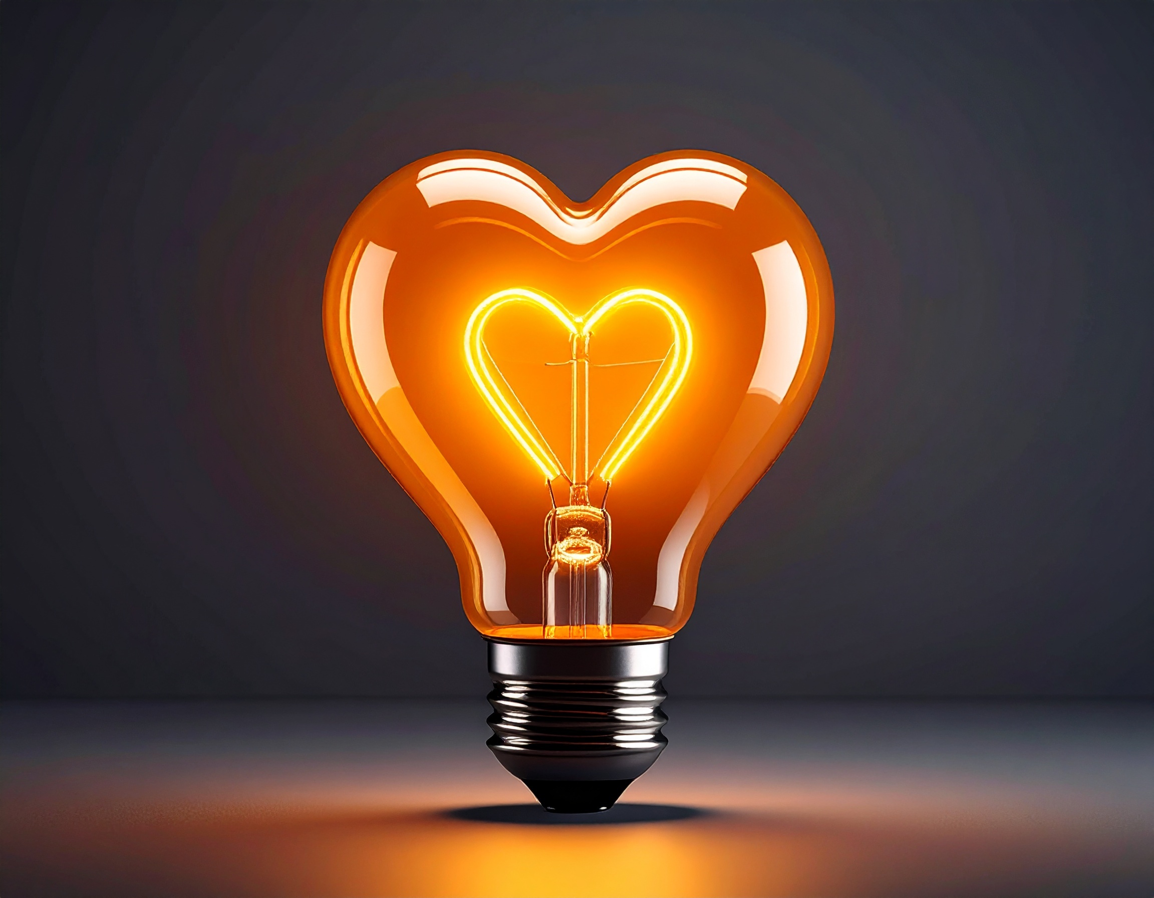A heart-shaped lightbulb glowing orange