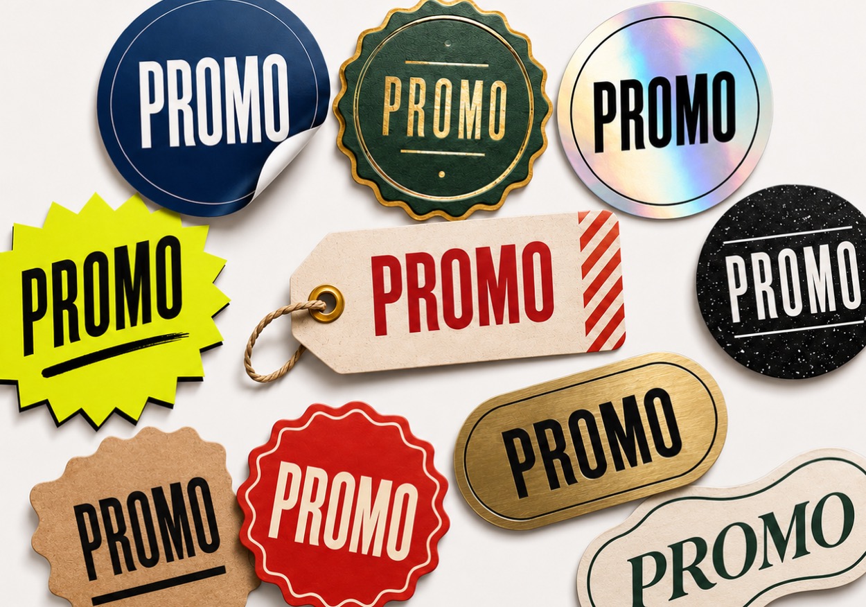 A collection of different style badges, stickers and tags which all read PROMO