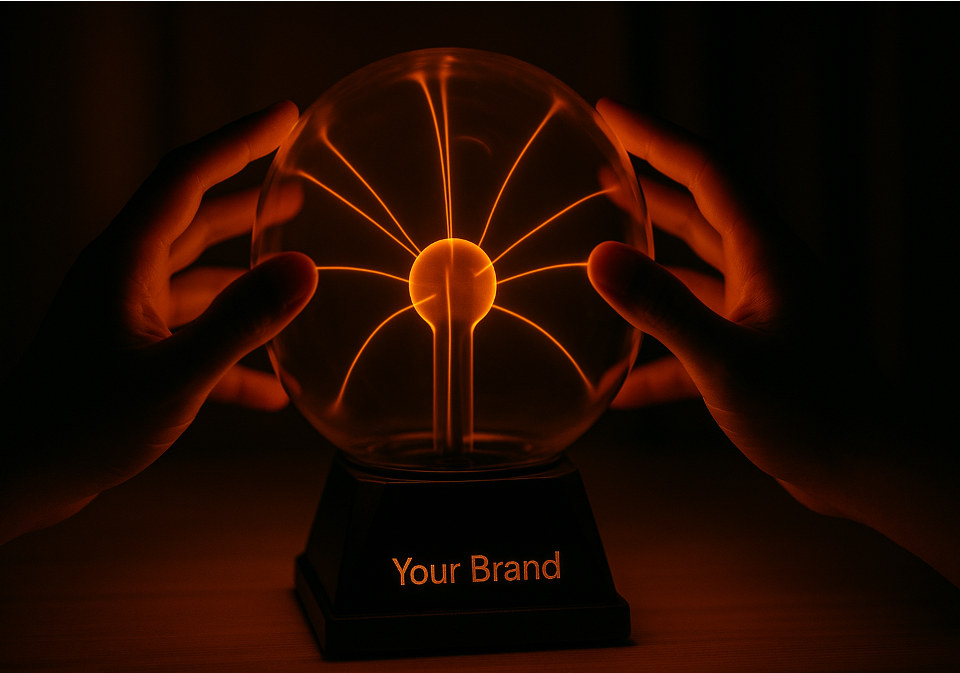 show a plasma dome with simple orange filaments one person with two hands touching it in a dark room with an orange glow. On the base it has 