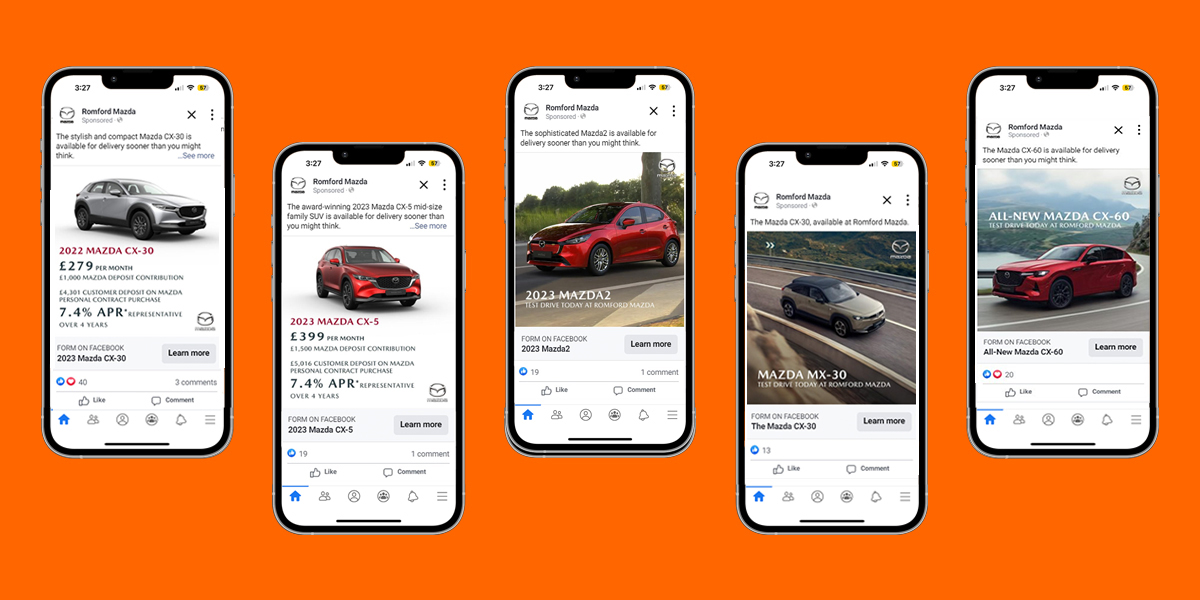 5 phone screens displaying Romford Mazda social media campaigns
