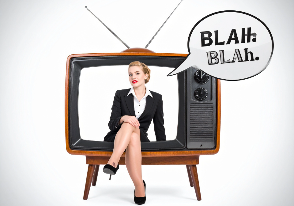 a 1050s TV with an advert saying blah, blah on the screen.