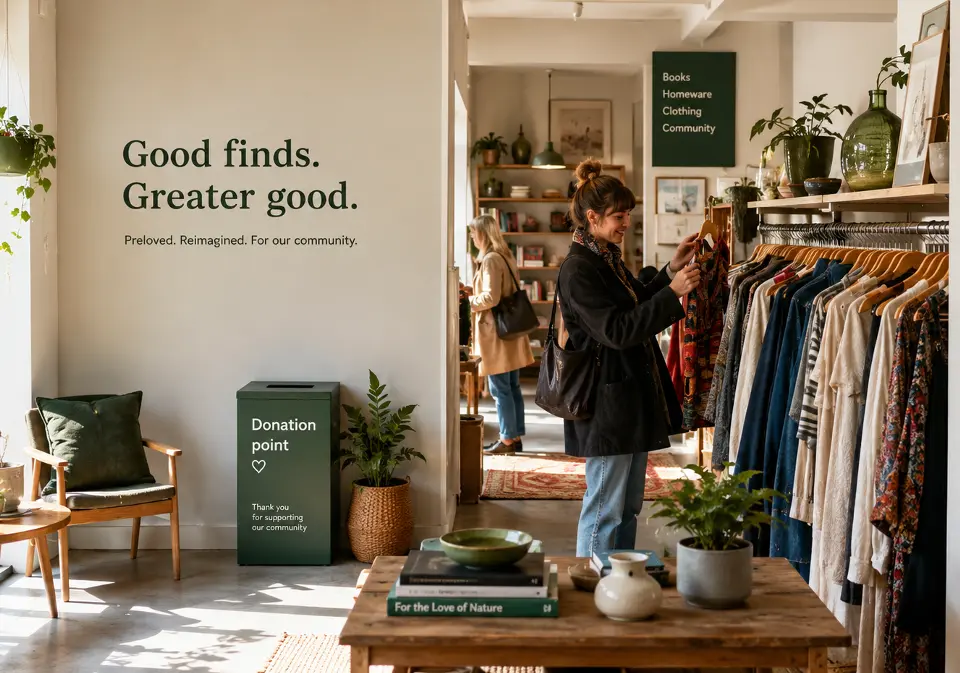 Inside a charity shop with Good finds. Greater good. printed on the wall.