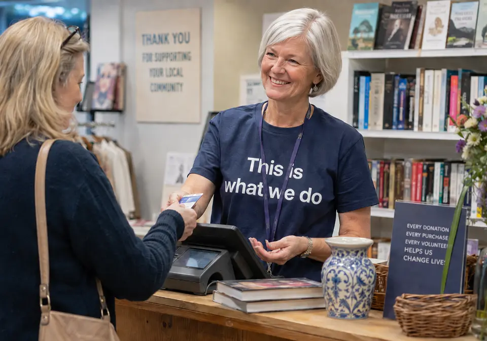 Lady serving in a charity shop wearing a T-shirt which reads 'This is what we do'