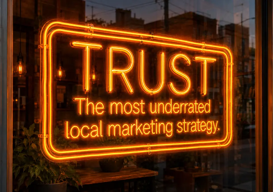 Orange neon sign which reads: Trust. The most underrated local marketing strategy.