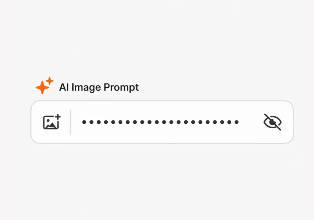 AI image prompt field filled with dots and an eye icon with a cross through
