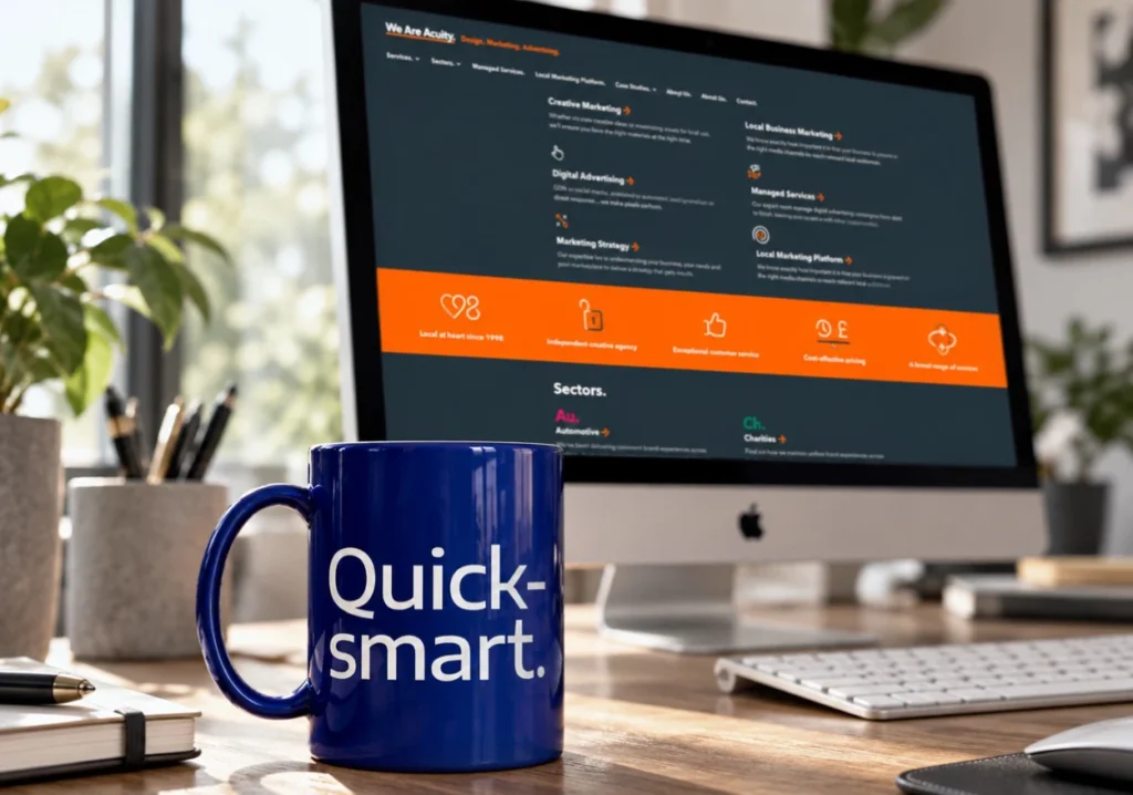 Blue mug with the words 'Quick-smart' printed on the side sat on a desk in front of a Mac with the We Are Acuity website on screen